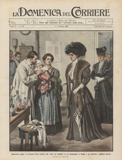 Maternité royale, la reine Elena assiste aux visites des enfants dans un dispensaire à Rome - Achille Beltrame